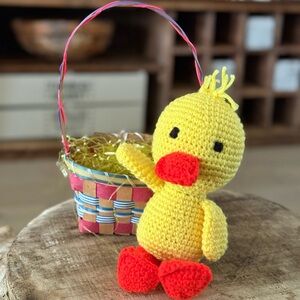 Adorable Handmade Yellow Crochet Duck and Small Easter Basket